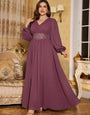Elegant Georgette V-Neck Sequin Waist Maxi Gown – Full Sleeve Evening Party Dress for Women Plum