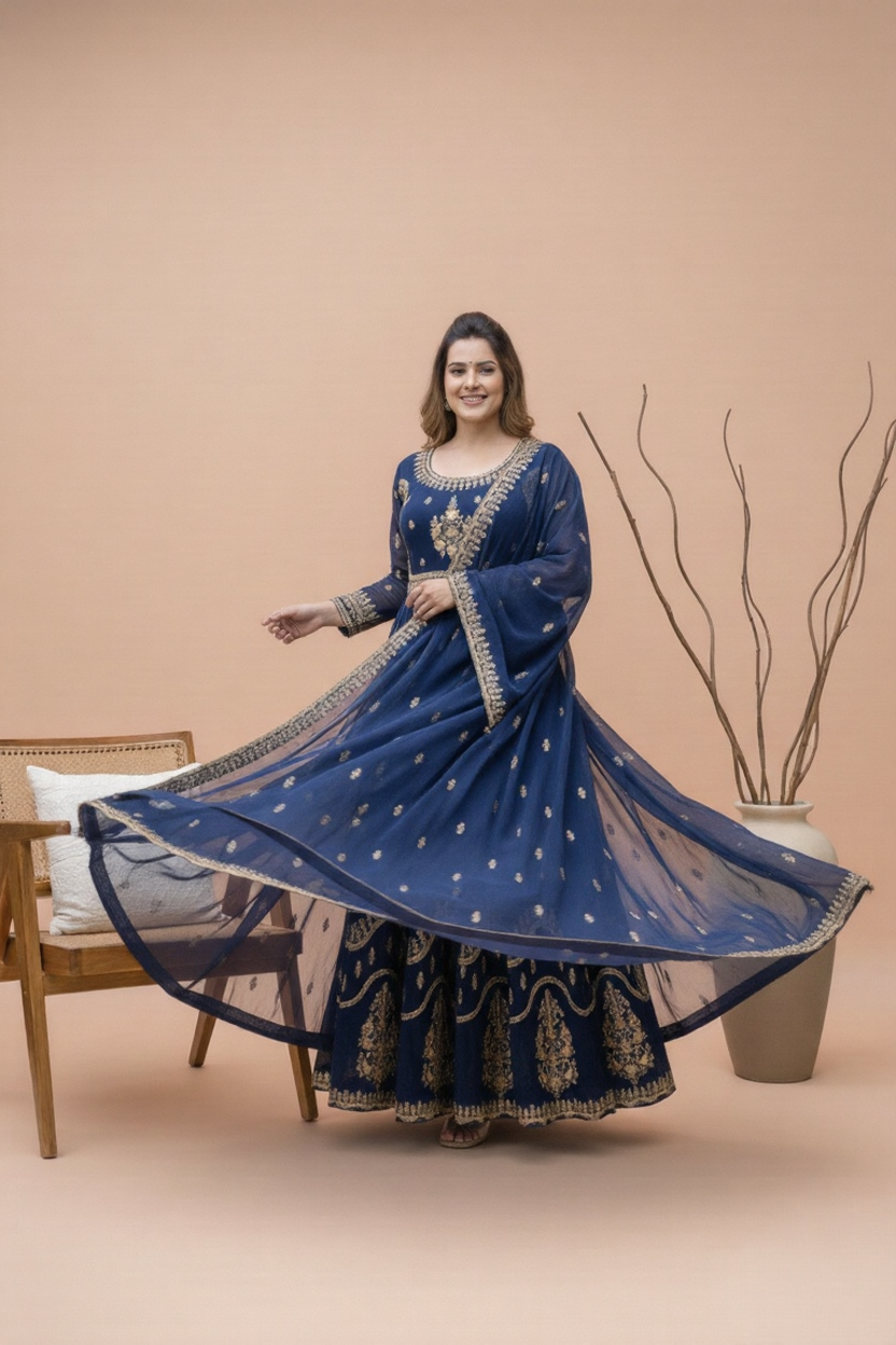 ✨ Royal Navy Blue Embroidered Georgette Maxi Gown With Dupatta