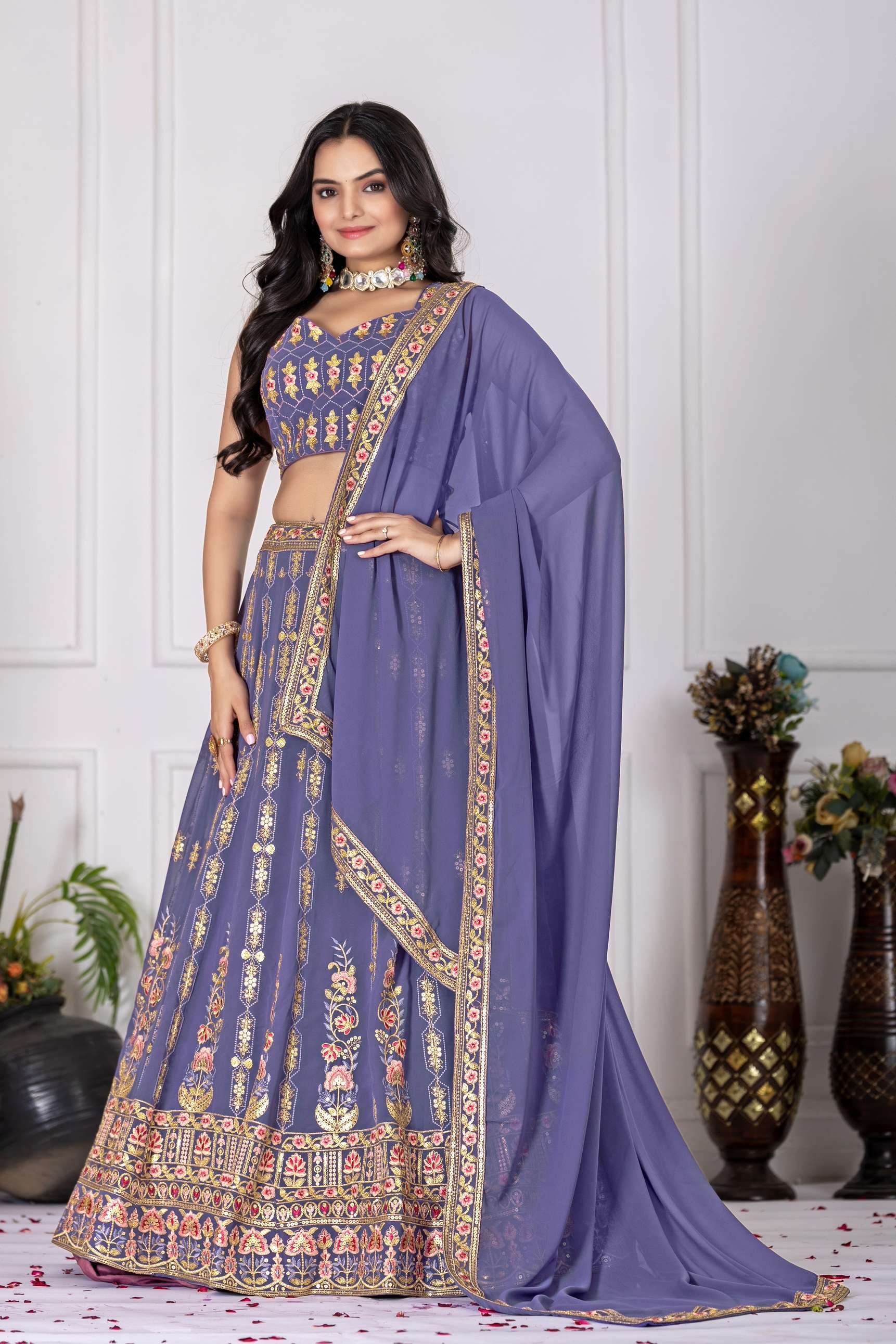🌸 Lavender Bloom Embroidered Georgette Lehenga Set