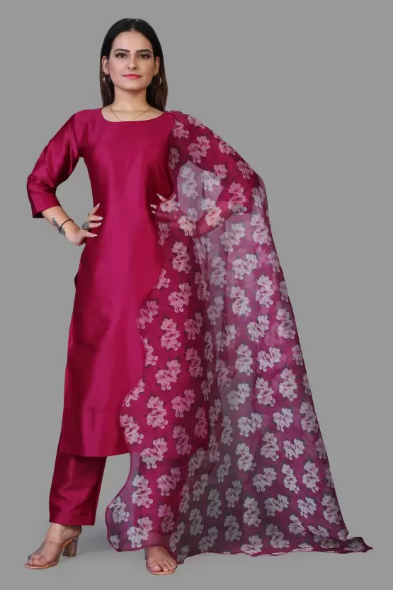 RANI SOLID COTTON SILK KURTA SET WITH PRINTED FLORAL DUPPTA