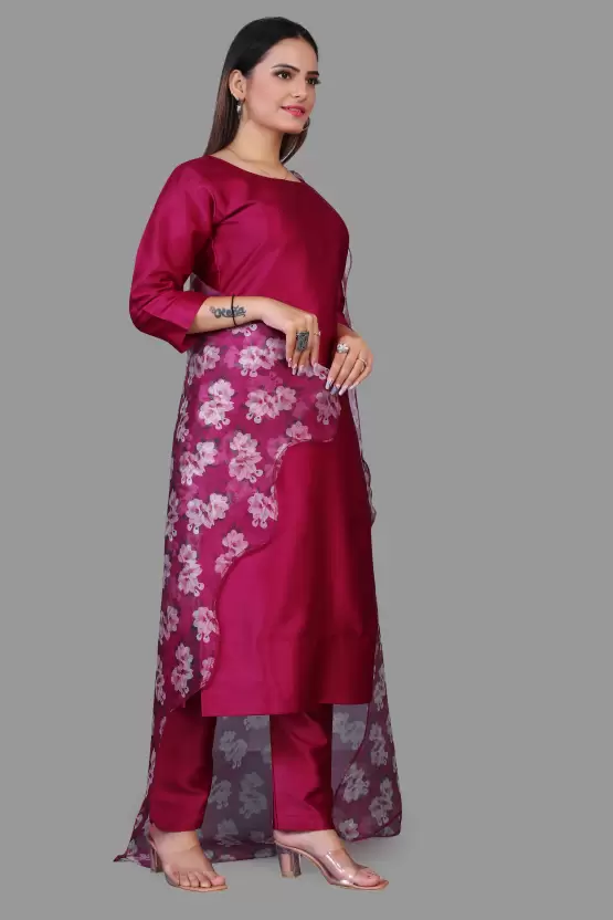 RANI SOLID COTTON SILK KURTA SET WITH PRINTED FLORAL DUPPTA