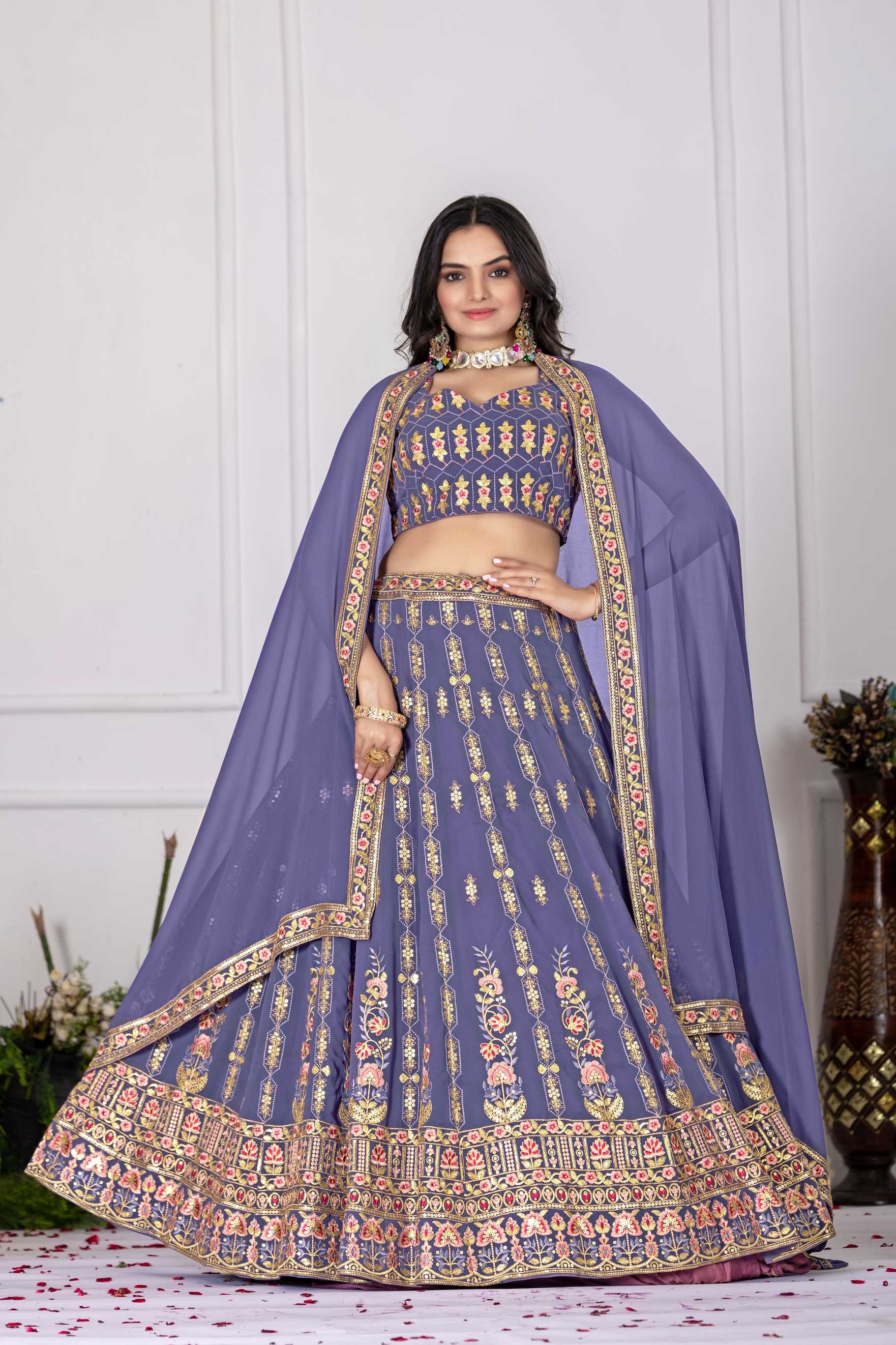 🌸 Lavender Bloom Embroidered Georgette Lehenga Set