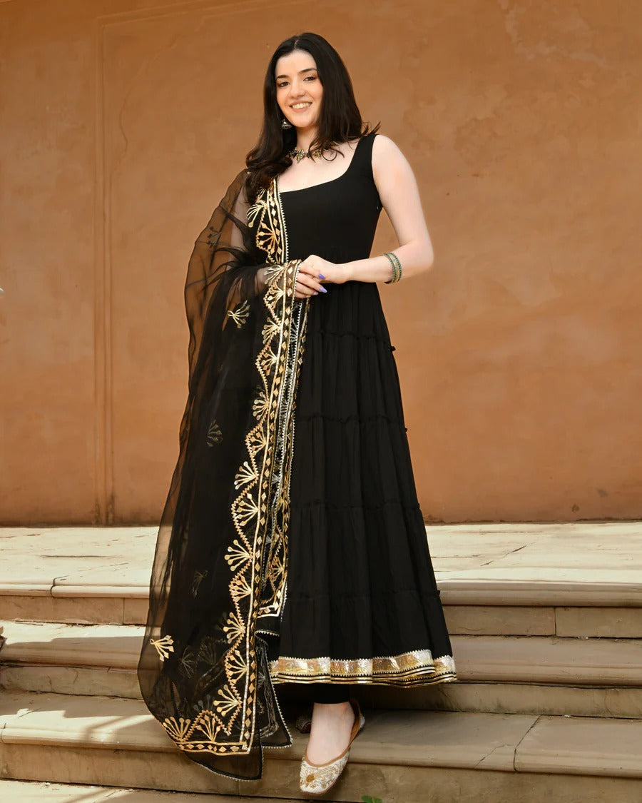 Elegant Black Georgette Anarkali Set with Embroidered Net Dupatta for Navratri 2026