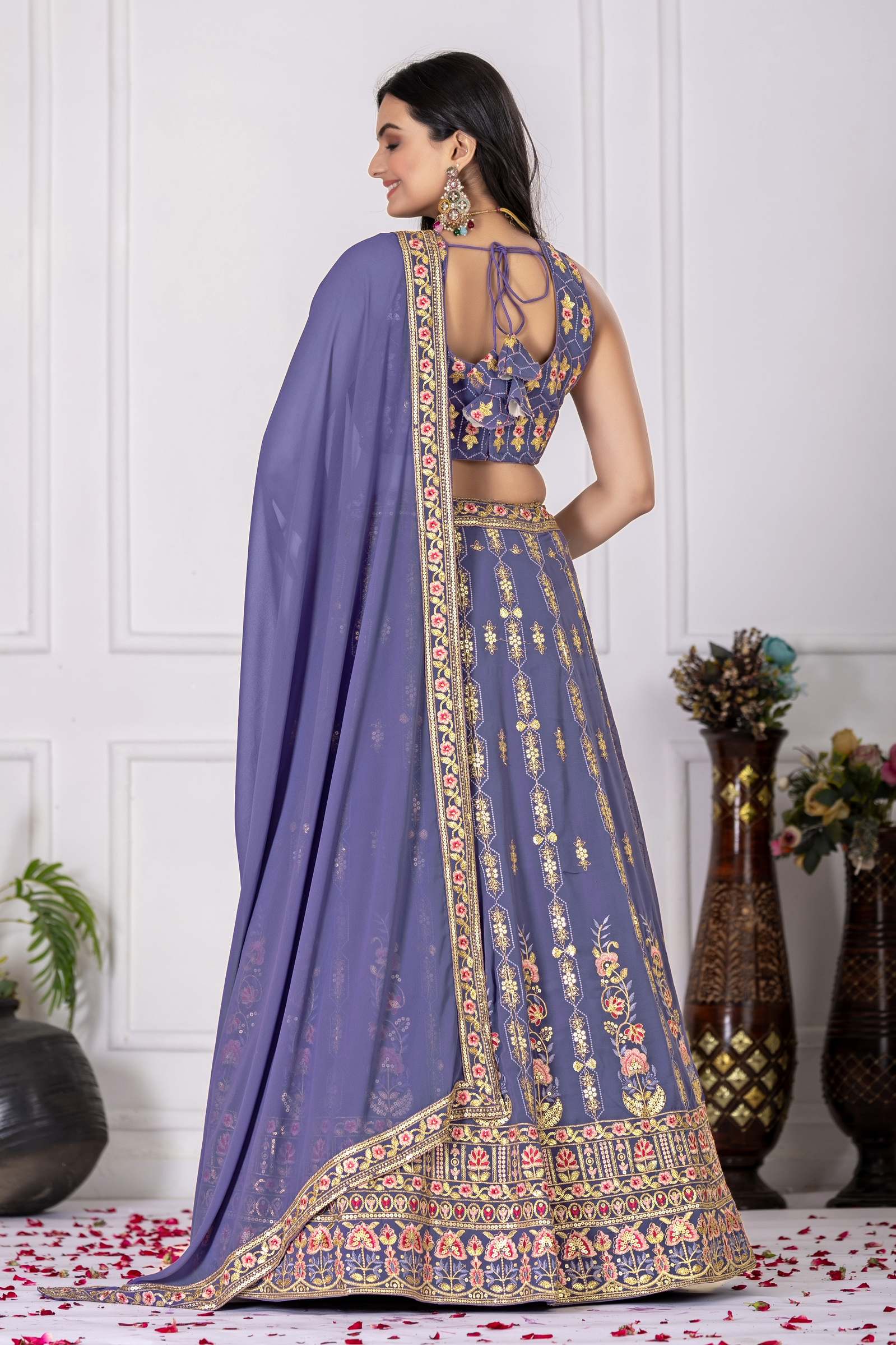 🌸 Lavender Bloom Embroidered Georgette Lehenga Set