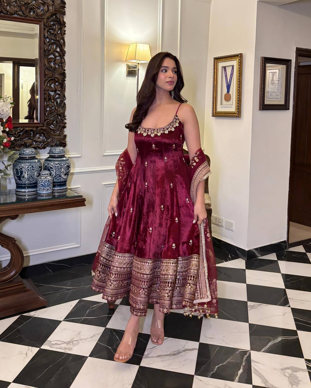 Maroon embroidered Anarkali suit for women for Raksha Bandhan 2026 festive celebration by Aahiya
