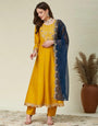 Designer Vichitra Silk Embroidered Kurta Pant Set with Gerorgette Dupatta – Festive Ethnic Wear Mustard Yellow