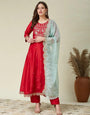 Designer Vichitra Silk Embroidered Kurta Pant Set with Gerorgette Dupatta – Festive Ethnic Wear Red