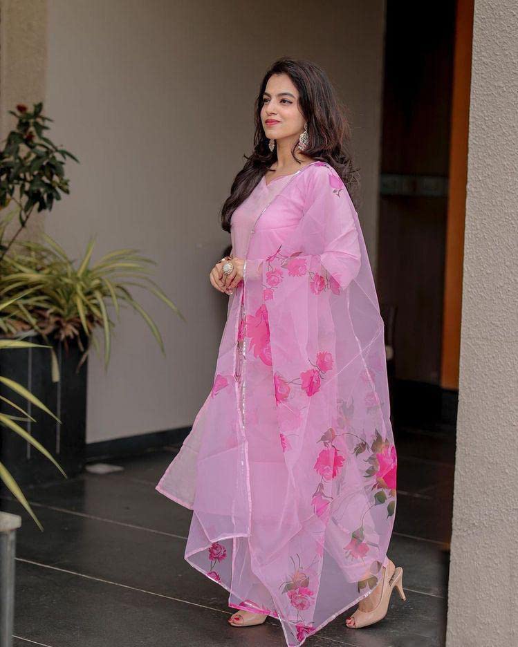 PINK SOLID COTTON SILK KURTA SET WITH PRINTED FLORAL DUPPTA