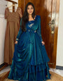 Women’s Embroidered Fandy Satin Blue Gown Set with Dupatta – Party & Festive Wear