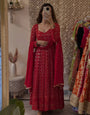 Red Embroidered Faux Blooming Anarkali Suit with Dupatta