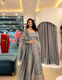 Women’s Grey Crunchy Silk Embroidered Gown Set