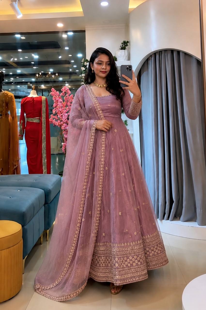 Women’s Mauve Pink Crunchy Silk Embroidered Gown Set for Navratri 2026