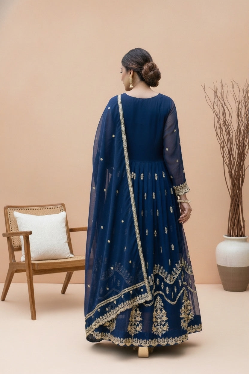 ✨ Royal Navy Blue Embroidered Georgette Maxi Gown With Dupatta