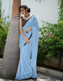 RADIANT SKY FAUX GEORGETTE SAREE WITH BUTTI WORK AND LACE BORDER