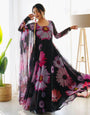 FLORAL FAUX GEORGETTE GOWN : BLACK