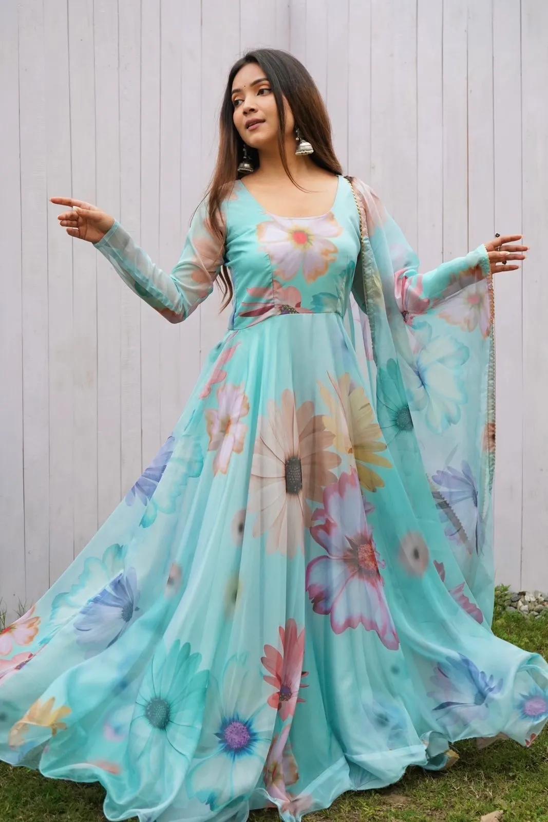 FLORAL FAUX GEORGETTE GOWN : AQUA