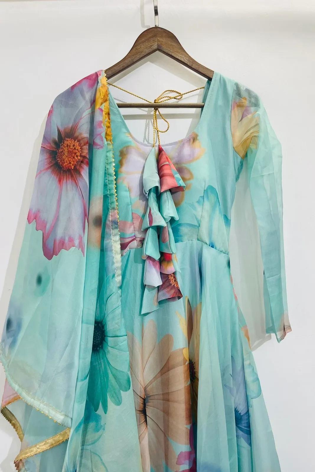 FLORAL FAUX GEORGETTE GOWN : AQUA