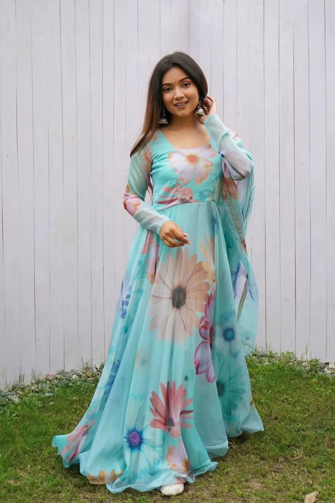 FLORAL FAUX GEORGETTE GOWN : AQUA