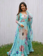 FLORAL FAUX GEORGETTE GOWN : AQUA