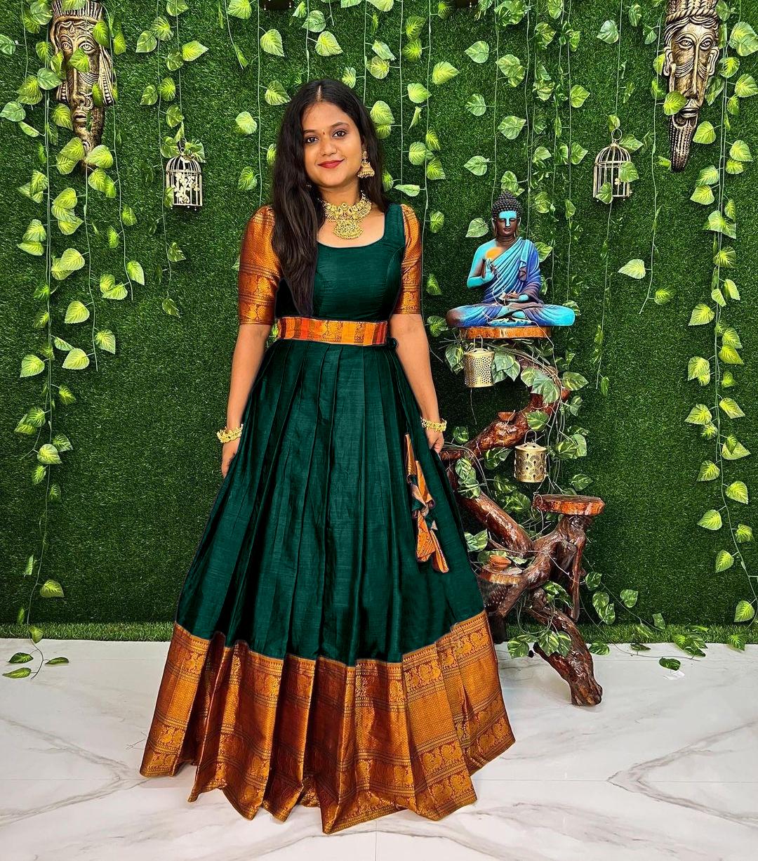 ETHNIC OPULENCE: FLOOR-LENGTH EMERALD GREEN JACQUARD-COTTON GOWN FOR WEDDINGS & FESTIVALS