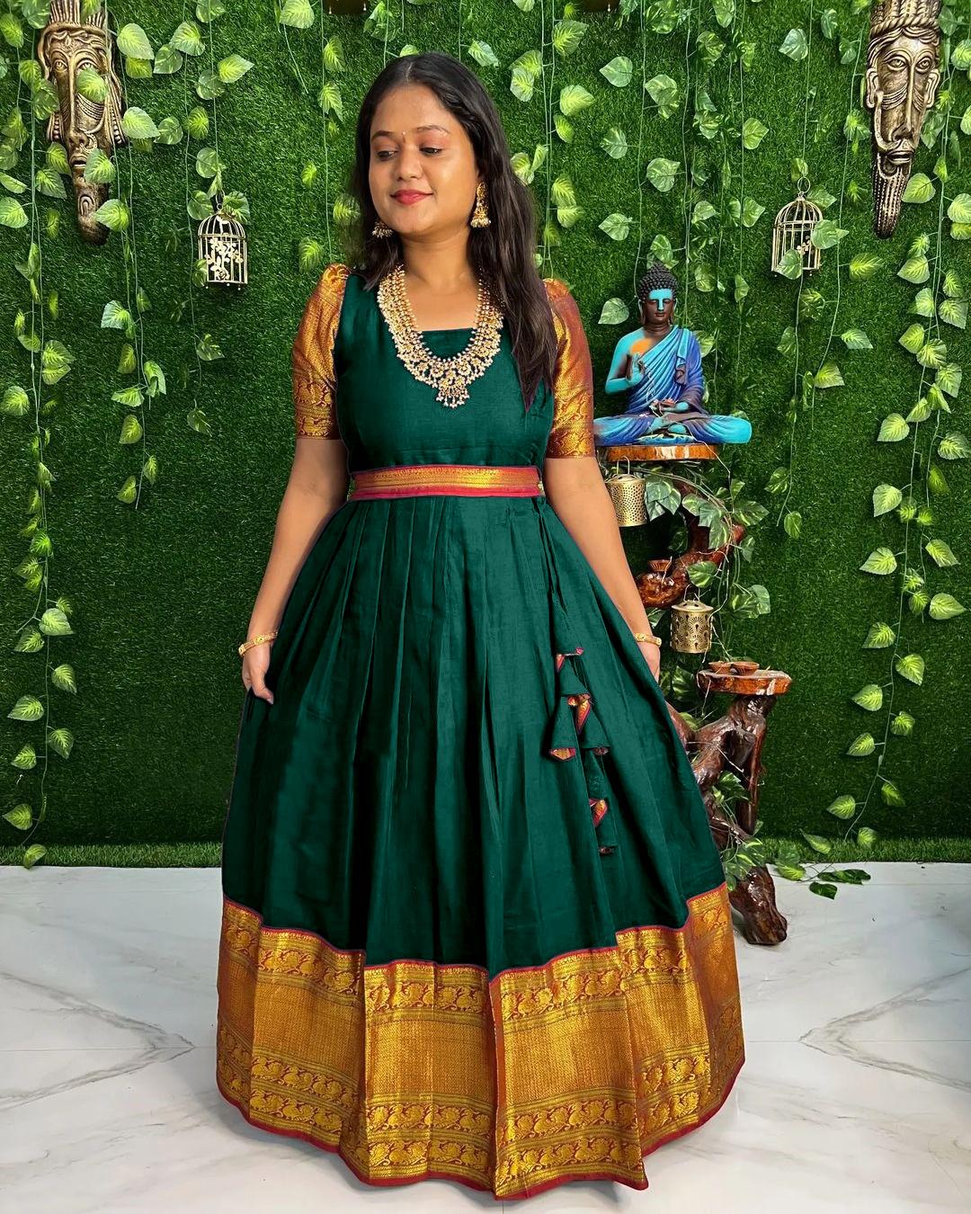 ETHNIC OPULENCE: FLOOR-LENGTH EMERALD GREEN JACQUARD-COTTON GOWN FOR WEDDINGS & FESTIVALS