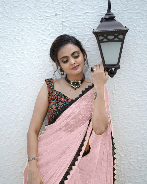 RADIANT PETAL PINK FAUX GEORGETTE SAREE WITH BUTTI WORK AND LACE BORDER