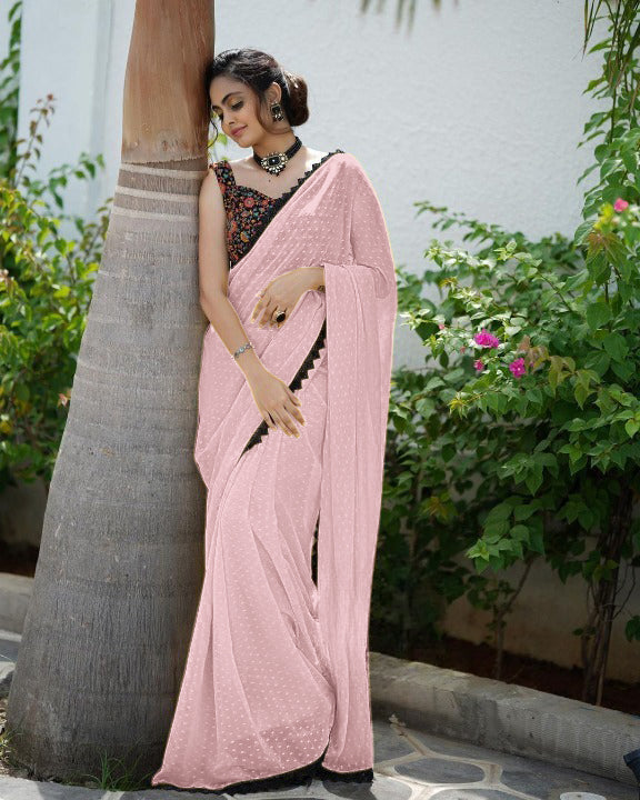 RADIANT PETAL PINK FAUX GEORGETTE SAREE WITH BUTTI WORK AND LACE BORDER