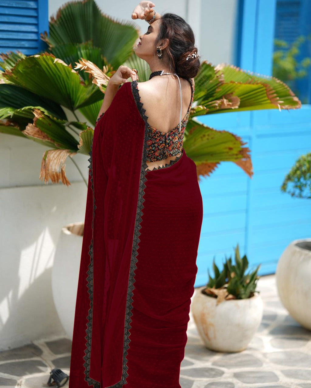 RADIANT MAROON FAUX GEORGETTE SAREE WITH BUTTI WORK AND LACE BORDER