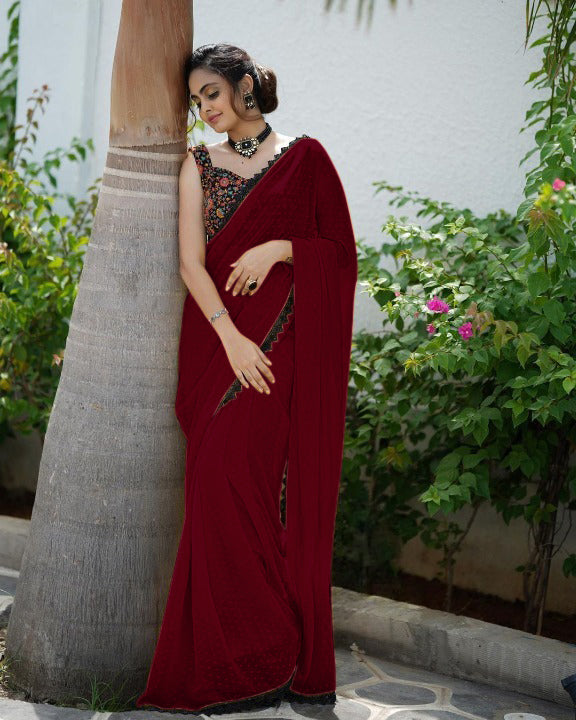 RADIANT MAROON FAUX GEORGETTE SAREE WITH BUTTI WORK AND LACE BORDER