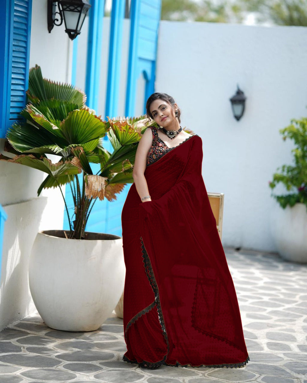 RADIANT MAROON FAUX GEORGETTE SAREE WITH BUTTI WORK AND LACE BORDER