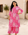 Women's Rani Pink Printed Cotton Slub Kurta Palazzo Co-ord Set | Ethnic Casual Wear for Women