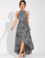Zebra Print Belted Asymmetric Hem Party Dress