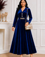 Women's Royal Blue Velvet Maxi Dress with Belt | Full Sleeve Flared Party Wear Gown for Women