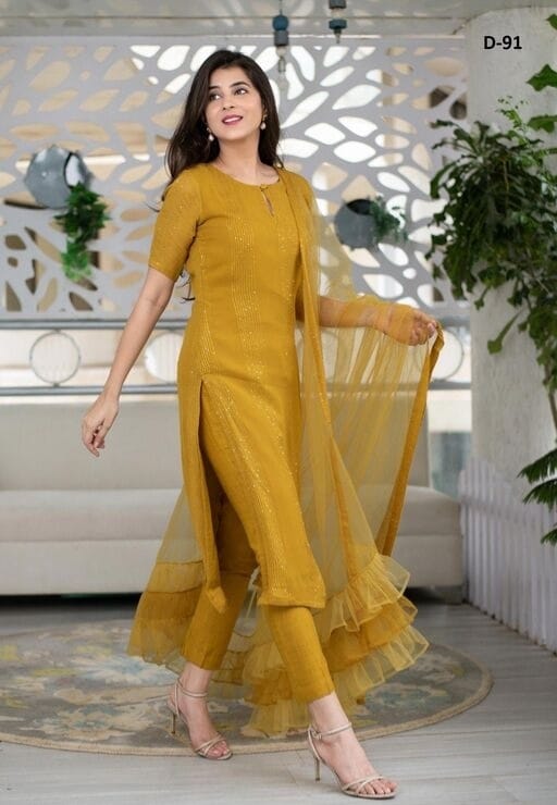 GRACEFUL RAYON EMBROIDERED GOLDEN KURTA SET