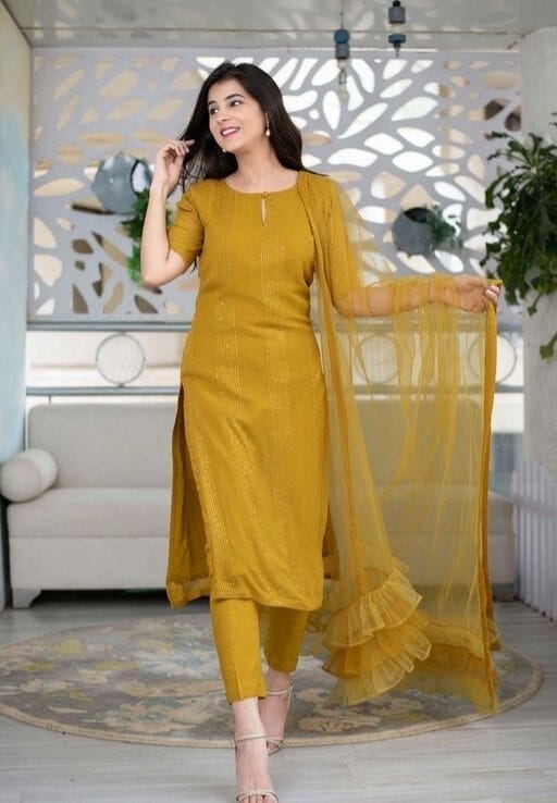 GRACEFUL RAYON EMBROIDERED GOLDEN KURTA SET