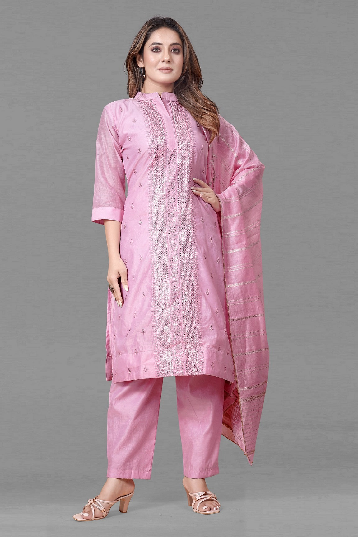 PINK MUSLIN EMBROIDERED KURTA SET