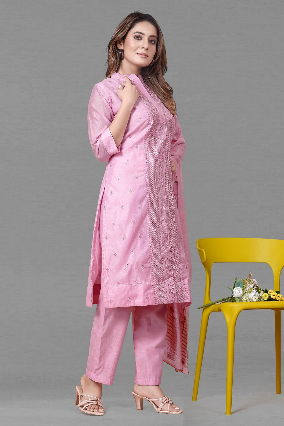 PINK MUSLIN EMBROIDERED KURTA SET