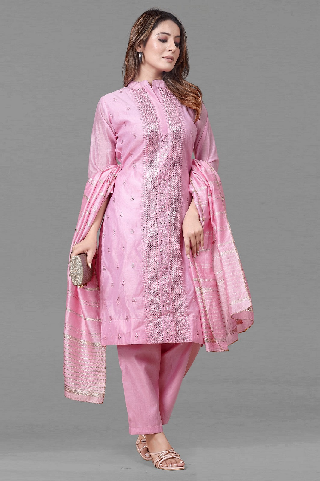 PINK MUSLIN EMBROIDERED KURTA SET