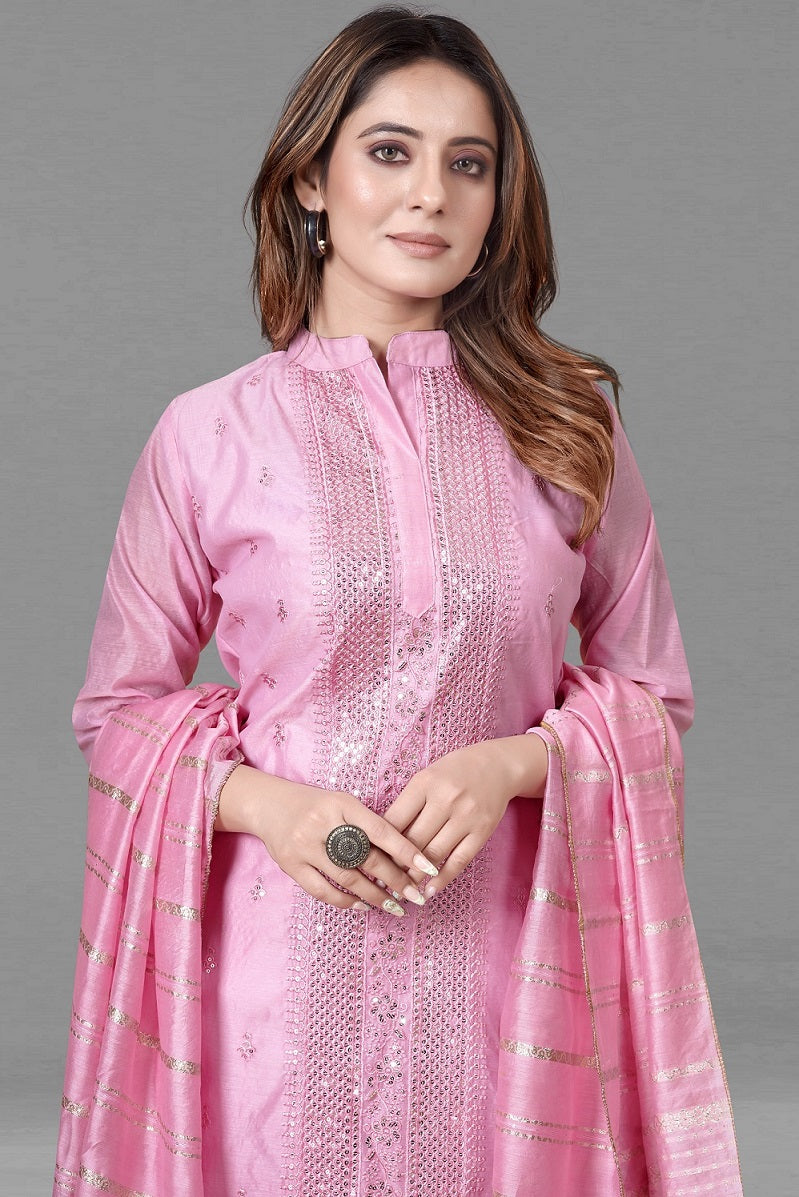 PINK MUSLIN EMBROIDERED KURTA SET