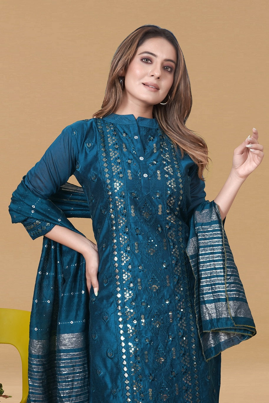 TEAL MUSLIN EMBROIDERED KURTA SET