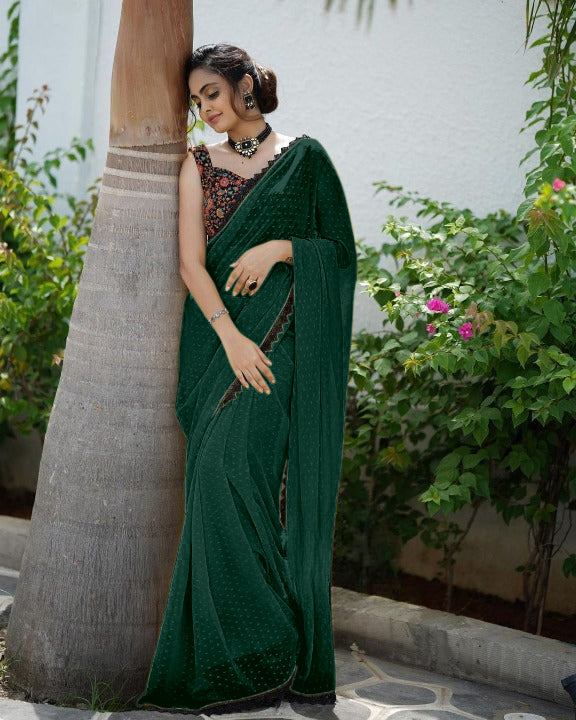 RADIANT EMERALD FAUX GEORGETTE SAREE WITH BUTTI WORK AND LACE BORDER