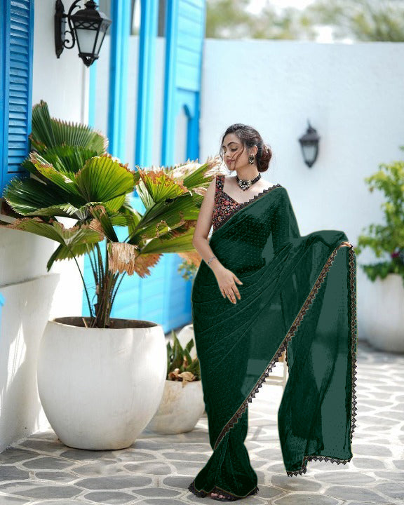 RADIANT EMERALD FAUX GEORGETTE SAREE WITH BUTTI WORK AND LACE BORDER