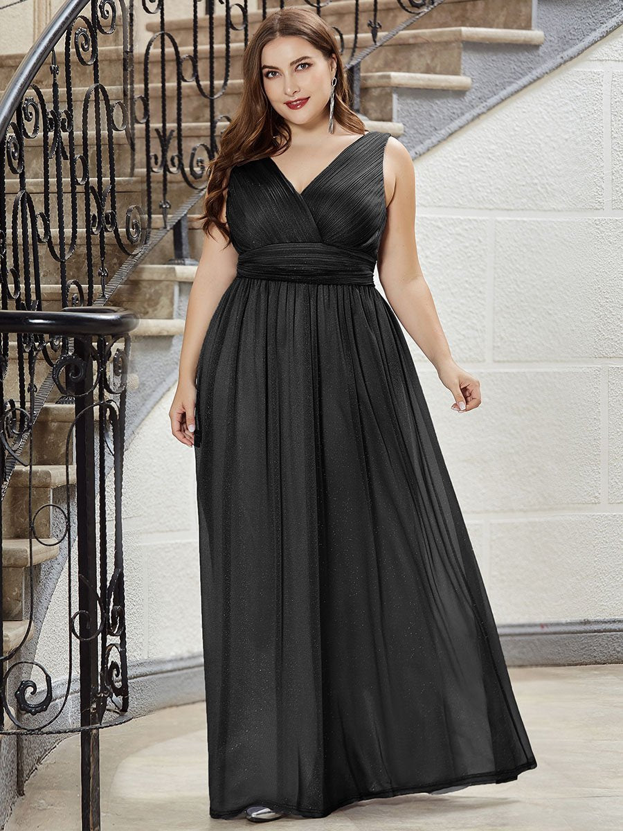 Double V Neck Floor Length Sparkly Evening Dresses for Party - Sable Black