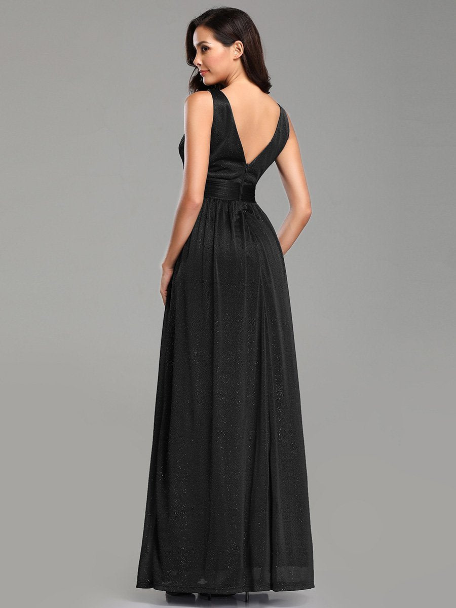 Double V Neck Floor Length Sparkly Evening Dresses for Party - Sable Black