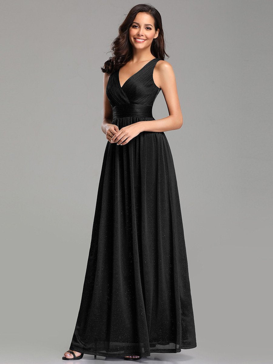 Double V Neck Floor Length Sparkly Evening Dresses for Party - Sable Black