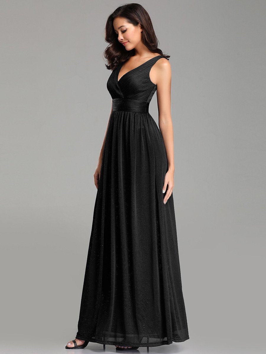 Double V Neck Floor Length Sparkly Evening Dresses for Party - Sable Black