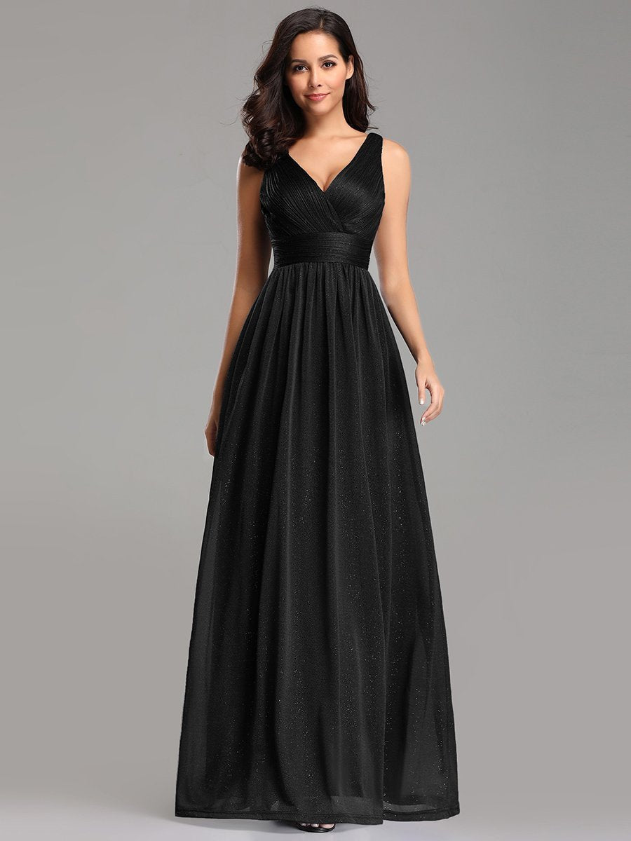 Double V Neck Floor Length Sparkly Evening Dresses for Party - Sable Black