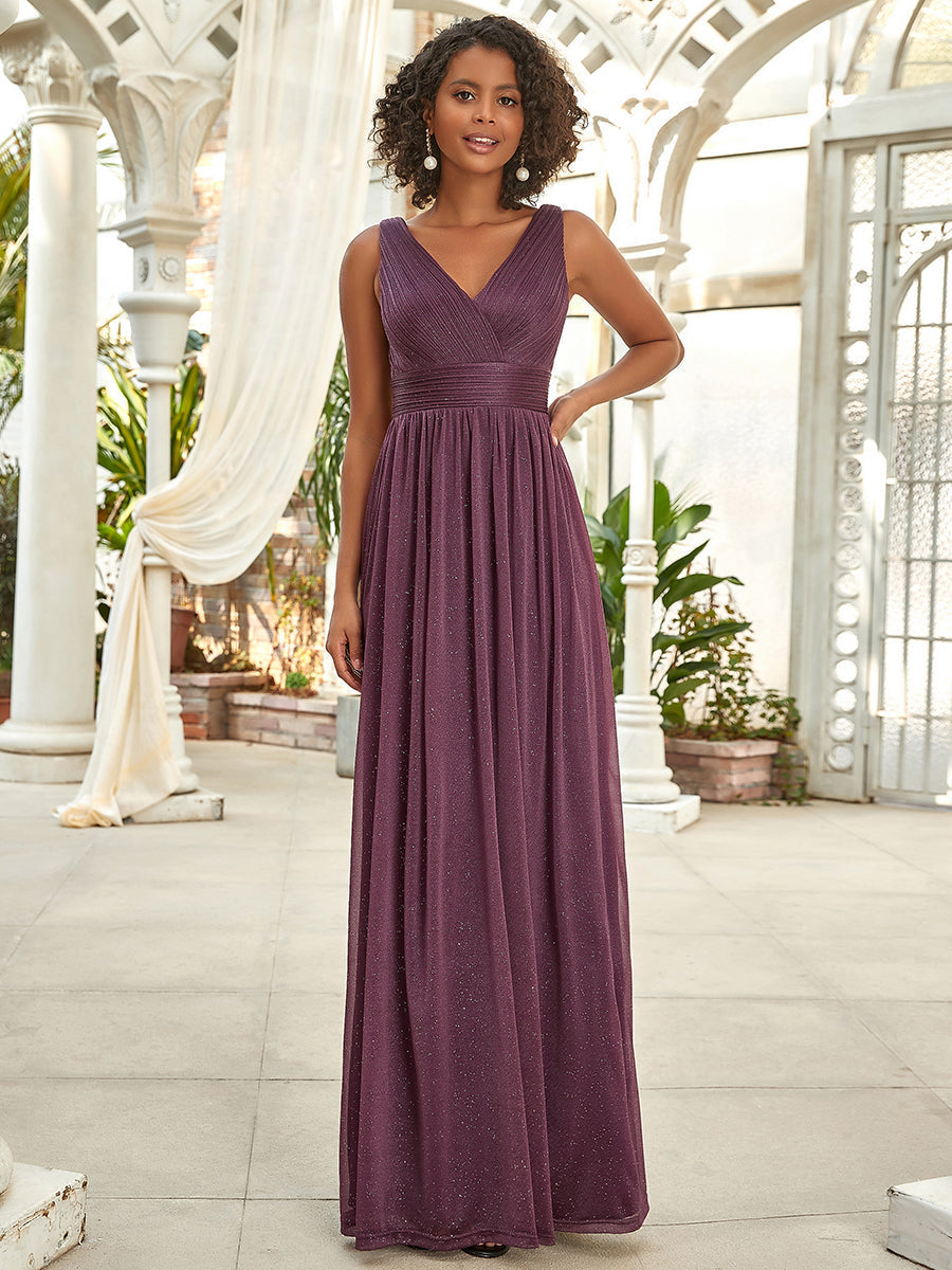 Double V Neck Floor Length Sparkly Evening Dresses for Party - Plumy Purple