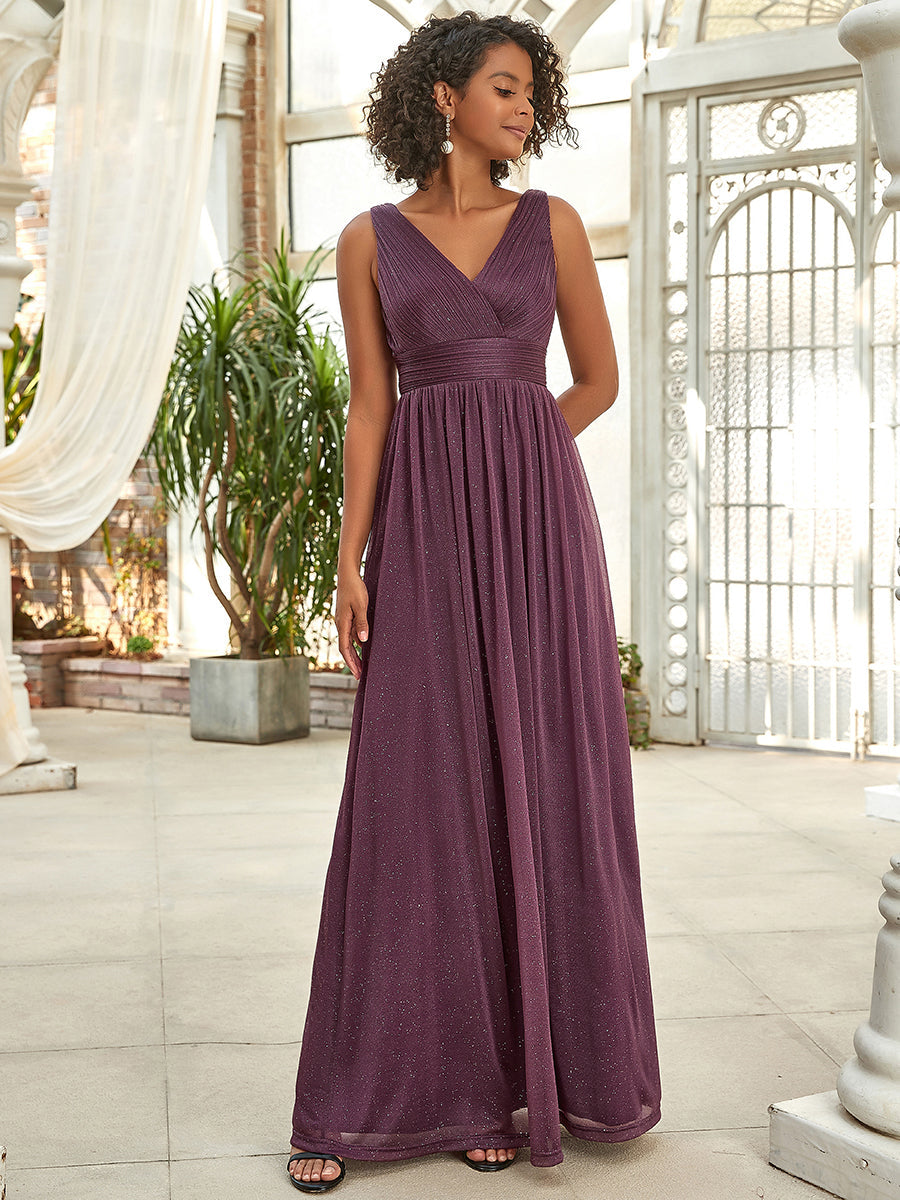 Double V Neck Floor Length Sparkly Evening Dresses for Party - Plumy Purple