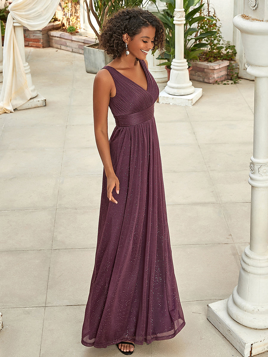 Double V Neck Floor Length Sparkly Evening Dresses for Party - Plumy Purple